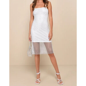 NWT Lulus Memorable Glow White Fishnet Rhinestone Bodycon Midi Dress Size XL